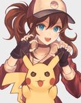  :d baseball_cap black_gloves blue_eyes brown_hair claw_pose collarbone female_protagonist_(pokemon_go) fingerless_gloves gen_1_pokemon gloves hair_between_eyes hat jacket long_hair looking_at_viewer okakan open_mouth pikachu poke_ball pokemon pokemon_(creature) pokemon_go ponytail red_jacket simple_background smile track_jacket upper_body v-shaped_eyebrows 