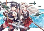  black_legwear fairy_(kantai_collection) gloves iwamoto_squadron_pilot_(kantai_collection) japanese_clothes kantai_collection looking_at_viewer multiple_girls murata_squadron_pilot_(kantai_collection) red_skirt shoukaku_(kantai_collection) silver_hair skirt smile tendou_itsuki thighhighs weapon white_hair yellow_eyes zuikaku_(kantai_collection) 