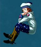  boots brown_footwear brown_hair chromatic_aberration closed_eyes cowboy_boots crossed_legs crying from_side full_body hand_to_own_mouth hat heart johnny_joestar jojo_no_kimyou_na_bouken jojolion male_focus sailor_hat solo spurs star star_print steel_ball_run streaming_tears tears yaeten1 