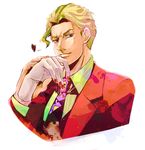  aqua_eyes blonde_hair disembodied_limb formal hands haruto1192 heart holding jojo_no_kimyou_na_bouken kira_yoshikage male_focus nail_polish necktie raised_eyebrow red_nails smile solo suit upper_body 