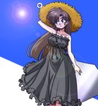  1girl bare_shoulders brown_hair collarbone dress green_eyes hat kuonji_ukyou light_smile long_hair ranma_1/2 sleeveless solo standing sun upper_body wantan-orz 