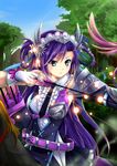  arrow belt blue_eyes blue_sky bow_(weapon) braid day drawing_bow frills gloves hair_ornament hair_rings hairband highres leone_(sennen_sensou_aigis) looking_to_the_side necktie outdoors purple_hair quiver riding sennen_sensou_aigis sky solo tree weapon white_gloves yakinabe 