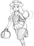  blush breasts dress greyscale hat highres koutarosu large_breasts looking_at_viewer monochrome open_mouth pokemon pokemon_(game) pokemon_xy serena_(pokemon) short_hair solo thighhighs white_background 