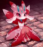  ambiguous_gender black_eyes detailed_background lurantis nintendo pastelmistress pink_body pok&eacute;mon red_body red_pupils red_sclera solo video_games white_body 