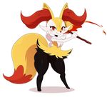  eric_lowery fire fox furry gen_6_pokemon highres long_tail no_humans pokemon pokemon_(creature) red_eyes smile solo stick tail thick_thighs thighs 