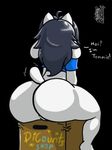  2016 anthro big_butt black_background bottomless butt canine cardboard_box cat clothed clothing dog feline female fur grey_hair hair mammal rear_view shirt simple_background sitting tailwag tem temmie_(undertale) undertale video_games wantonjion white_fur wide_hips 