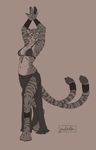  2016 anthro armpits belly belly_dancer cat clothed clothing dancing feline female fur jewelry mammal multi_tail navel pixelsketcher pose simple_background sketch smile solo striped_fur stripes tiger wide_hips 