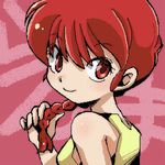 1girl bare_shoulders biifun from_side light_smile looking_at_viewer looking_back ponytail ranma-chan ranma_1/2 red_eyes red_hair saotome_ranma sleeveless smile solo 