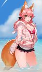  :d animal_ears bikini blush breasts cleavage day eyebrows_visible_through_hair fang fate/extra fate/extra_ccc fate_(series) fox_ears fox_tail hood hoodie large_breasts long_hair looking_at_viewer md5_mismatch miyako_(xxxbibit) open_mouth pink_hair resized smile solo swimsuit tail tamamo_(fate)_(all) tamamo_no_mae_(fate) upscaled water yellow_eyes zipper 