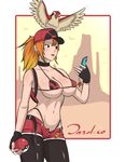  bikini bikini_top black_legwear blonde_hair blush breasts collarbone dazol desert female_protagonist_(pokemon_go) fingerless_gloves gen_1_pokemon gloves hat large_breasts micro_bikini open_mouth pidgey poke_ball pokemon pokemon_(creature) pokemon_go short_shorts shorts staryu swimsuit 