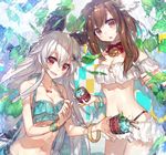  bell bikini blush breasts brown_hair character_request chocoan food horns ice_cream long_hair looking_at_viewer medium_breasts multiple_girls navel open_mouth orange_eyes original red_eyes smile spoon swimsuit water white_hair 
