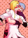  anger_vein black_gloves blonde_hair blue_hair curly_hair ghiaccio glasses gloves green_eyes heart heart_background jojo_no_kimyou_na_bouken male_focus mask melone multiple_boys open_mouth sweatdrop tongue tongue_out yaeten1 yaoi 