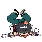  arched_back black_hair chibi eyes_closed full_body legs_up on_floor ponytail ranma_1/2 saotome_ranma simple_background sleeveless tongue tongue_out wantan-orz white_background 