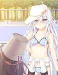  akatsuki_(kantai_collection) back bare_shoulders bikini black_hair breasts bucket bucket_on_head clothes_around_waist collarbone empty_pool flat_cap hair_between_eyes hammer_and_sickle hat hibiki_(kantai_collection) kantai_collection light_blue_eyes long_hair multiple_girls navel object_on_head pool school_uniform serafuku shinopoko silver_hair small_breasts smile star swimsuit verniy_(kantai_collection) wet wet_hair 