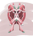  antennae anthro arthropod butt clothing female horn insect looking_at_viewer lurantis mantis nintendo pink_eyes pok&eacute;mon pussy red_eyes red_sclera simple_background solo video_games weaselchu wings 