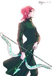  arrow backlighting bow_(weapon) earrings from_side gakuran galchee hierophant_green jewelry jojo_no_kimyou_na_bouken kakyouin_noriaki male_focus pink_hair profile school_uniform solo stand_(jojo) twitter_username weapon 