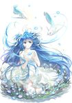  blue_eyes blue_flower blue_hair cheonha87 dress fish flower kneeling long_hair original pale_skin solo transparent_background underwater very_long_hair white_dress 