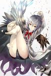  2016 asymmetrical_wings bangs barefoot black_shorts black_wings bow breasts brooch dated expressionless falling feathers flower grey_jacket grey_wings hand_up houdukixx jacket jewelry kishin_sagume legs legs_up looking_at_viewer panties parted_lips petals purple_shirt red_eyes shiny shiny_hair shirt short_hair shorts silver_hair small_breasts solo thigh_grab thighs toes touhou twitter_username underwear wings 