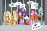  2016 applejack_(mlp) clothing dialogue english_text equine female fluttershy_(mlp) friendship_is_magic group hi_res horn horse mammal my_little_pony mylittlesheepy overalls pegasus pinkamena_(mlp) pinkie_pie_(mlp) pony prison prison_cell prison_outfit prison_overalls prison_uniform rainbow_dash_(mlp) rarity_(mlp) text twilight_sparkle_(mlp) unicorn wings 