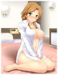  barefoot bed blush bottomless breasts cleavage covering covering_crotch dream_c_club dream_c_club_(series) dress_shirt full_body futaba_riho green_eyes highres indoors large_breasts legs light_brown_hair light_smile naked_shirt navel open_clothes open_shirt shirt sitting solo twinpon wariza 