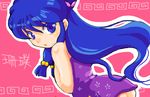  1girl ass bare_shoulders biifun blue_eyes blue_hair china_dress dress long_hair looking_at_viewer looking_back pink_background ranma_1/2 shampoo_(ranma_1/2) simple_background sleeveless solo twintails 