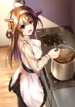  1girl :d ahoge apron breasts brown_hair commentary_request cooking floor hairband heart_ahoge kantai_collection kongou_(kantai_collection) ladle long_hair long_sleeves looking_at_viewer looking_up medium_breasts miyazaki_yukichi open_mouth pot purple_eyes remodel_(kantai_collection) ribbed_sweater shadow smile solo stove sweater turtleneck turtleneck_sweater wooden_floor 