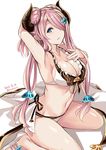  2016 alternate_costume alternate_hairstyle arm_up armpits bikini blue_eyes braid breasts cleavage dated draph frilled_bikini frills front-tie_top granblue_fantasy hair_ornament hair_over_one_eye hairclip highres horns large_breasts long_hair looking_at_viewer nabeshima_tetsuhiro narmaya_(granblue_fantasy) navel parted_lips pink_hair pointy_ears sandals shadow sideboob simple_background sitting solo swimsuit twitter_username wariza white_background white_bikini 