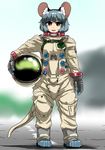  :d absurdres animal_ears buchineko_(skapple4) eyebrows full_body grey_hair helmet highres holding holding_helmet looking_at_viewer mouse_ears mouse_tail nazrin open_mouth red_eyes short_hair smile solo spacesuit tail thick_eyebrows touhou 