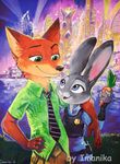  2016 anthro canine carrot clothed clothing disney duo female food fox fur grey_fur imanika judy_hopps male mammal nick_wilde open_mouth smile vegetable zootopia 