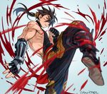  action black_hair blood brown_hair cannon_dancer fingerless_gloves gloves indesign kirin_(cannon_dancer) long_hair male_focus muscle ponytail red_eyes solo 