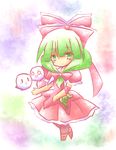  1girl bangs blunt_bangs frills full_body green_eyes green_hair hair_ribbon kagiyama_hina kedama ribbon tilde_(ice_cube) touhou |_| 