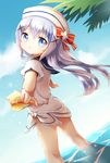  blue_eyes blue_hair cloud day dress flot from_behind gochuumon_wa_usagi_desu_ka? hair_ornament hairclip hat highres kafuu_chino long_hair looking_back open_mouth outdoors outstretched_arms seashell shell sky solo wading water white_dress wind 