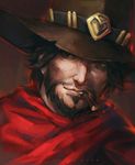  beard brown_eyes brown_hair brown_hat cape cigar cowboy_hat facial_hair facial_scar hat male_focus mccree_(overwatch) mouth_hold mustache oryuvv overwatch poncho red_cape scar scar_on_cheek solo upper_body 