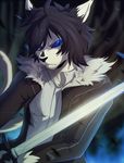  anthro black_hair black_nos blue_eyes cat clothed clothing feline fur hair hioshiru mammal melee_weapon sword weapon white_fur 