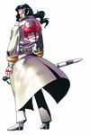  animal_print back_turned bat_print black_hair cross facial_mark forehead_mark from_behind gloves highres kazuma_kaneko kresnik long_coat looking_at_viewer looking_back male_focus official_art ponytail shin_megami_tensei solo sword weapon 