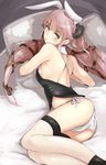  alternate_costume ass bunnysuit eimusu_(yassun83) eyebrows eyebrows_visible_through_hair from_behind frown green_eyes hair_flaps highres kantai_collection lips long_hair looking_at_viewer lying on_stomach panties pink_hair ponytail pouty_lips side-tie_panties solo thigh_strap thighhighs thighs underwear very_long_hair white_legwear white_panties yura_(kantai_collection) 