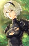  bangs black_dress blurry bokeh breasts chromatic_aberration cleavage cleavage_cutout depth_of_field dress green_hair hair_between_eyes hairband highres lips makimura_shunsuke medium_breasts mole mole_under_mouth nier_(series) nier_automata no_blindfold outdoors plant puffy_sleeves shiny shiny_hair short_hair silver_hair solo upper_body yorha_no._2_type_b 