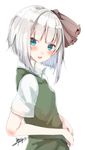  2016 absurdres bad_id bad_twitter_id blue_eyes blush dated from_side hair_ribbon highres konpaku_youmu looking_at_viewer open_mouth ribbon shirt short_hair short_sleeves signature silver_hair simple_background solo touhou upper_body varyu vest white_background 