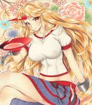  abs alcohol blonde_hair blush breasts covered_navel crossed_legs cup floral_print highres hip_vent horn hoshiguma_yuugi large_breasts long_hair looking_at_viewer marker_(medium) midriff mugicha_(mugicha0929) puffy_short_sleeves puffy_sleeves red_eyes sakazuki sake shirt short_sleeves skirt smile solo toned touhou traditional_media 