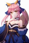 absurdres animal_ears bad_id bad_pixiv_id blush bow breasts cleavage detached_sleeves fate/extra fate_(series) fox_ears fox_tail hair_bow hair_ribbon highres japanese_clothes large_breasts looking_at_viewer pink_hair ribbon saikou-iro_aurora simple_background solo tail tamamo_(fate)_(all) tamamo_no_mae_(fate) white_background yellow_eyes 