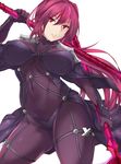  bodysuit breasts covered_navel dual_wielding fate/grand_order fate_(series) gae_bolg highres holding holding_weapon large_breasts long_hair looking_at_viewer parted_lips pauldrons polearm purple_bodysuit purple_hair red_eyes scathach_(fate)_(all) scathach_(fate/grand_order) shimeno_puni simple_background solo spear weapon 