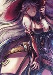  arm_strap bare_shoulders between_breasts black_legwear breasts cleavage commentary_request cowboy_shot detached_sleeves garter_straps granblue_fantasy grin hair_between_eyes hat large_breasts long_hair looking_at_viewer magisa_(granblue_fantasy) nail_polish red_eyes shouma_(bravespiritya) silver_hair smile solo staff thighhighs traditional_media witch_hat yellow_nails 