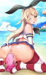  1girl anus ass blonde_hair censored dildo exlic hair_ornament kantai_collection looking_back masturbation pussy pussy_juice shimakaze_(kantai_collection) thighhighs thighs 