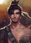  arm_tattoo asymmetrical_clothes bandolier bare_shoulders beard brown_eyes brown_hair character_name collarbone dragon_tattoo facial_hair facial_scar furrowed_eyebrows goatee hair_tie hanzo_(overwatch) japanese_clothes kimono looking_at_viewer male_focus mustache oryuvv overwatch ponytail scar scar_on_cheek solo tattoo upper_body 