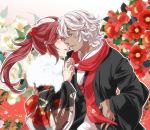  2boys blue_eyes fire_emblem fire_emblem_if floral_background flower fur_collar grin hand_holding holding japanese_clothes kimono multiple_boys nintendo ponytail red_eyes red_hair scarf smile tsubaki_(fire_emblem_if) white_hair yaoi zero_(fire_emblem_if) zrtb_feif 