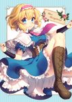  alice_margatroid bad_id bad_pixiv_id blonde_hair blue_dress blue_eyes boots brown_background brown_footwear capelet character_name closed_mouth corset cross-laced_footwear dress eyebrows eyebrows_visible_through_hair flower hairband highres knee_boots lace-up_boots looking_at_viewer masaru.jp necktie short_hair smile solo touhou white_capelet 