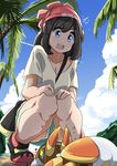  1girl :d between_breasts black_hair blue_eyes breasts cleavage cloud day gen_7_pokemon grubbin hand_on_own_thigh hands_on_own_thighs hat highres looking_down medium_breasts mizuki_(pokemon) open_mouth outdoors palm_tree panties panty_peek pokemon pokemon_(creature) pokemon_(game) pokemon_sm shorts sky smile sparkling_eyes squatting strap_cleavage surprised sweatdrop tree underwear upshorts v-shaped_eyebrows white_panties yuuichi_(reductionblack) 