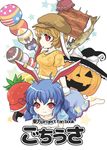 animal_ears aoi_tobira beret blonde_hair blue_hair bunny_ears bunny_tail cover cover_page dango floppy_ears food fruit grilled_eel hat highres hood jack-o'-lantern multiple_girls red_eyes ringo_(touhou) seiran_(touhou) star strawberry tail touhou wagashi 