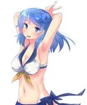  absurdres armpits arms_up bikini blue_eyes blue_hair breasts cleavage double_bun highres kantai_collection large_breasts looking_at_viewer rain_yadori sarong smile solo swimsuit urakaze_(kantai_collection) v white_background 