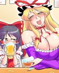  adapted_costume alcohol ascot bangs bare_shoulders beer beer_mug black_hair blonde_hair blush bow breasts bridal_gauntlets brown_eyes choker cleavage collarbone cup danna_(karatekikku) detached_sleeves dress drinking_glass drunk frilled_bow frilled_dress frills hair_between_eyes hair_bow hair_tubes hakurei_reimu half-closed_eye half-closed_eyes hat hat_ribbon holding holding_cup large_breasts looking_at_another looking_at_breasts looking_down looking_to_the_side mob_cap multiple_girls open_mouth purple_dress red_shirt red_skirt ribbon ribbon-trimmed_headwear ribbon-trimmed_sleeves ribbon_choker ribbon_trim saliva shiny shiny_hair shirt sidelocks size_difference skirt sleeveless sleeveless_dress sparkle spill strapless strapless_dress table tipsy touhou upper_body whiskey wine_glass yakumo_yukari yellow_eyes 